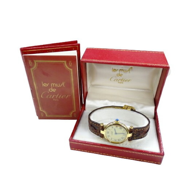 Cartier Watch Ladies Brand Must Vendome Vermeil Quartz QZ 925 Leather 1851 Round - Picture 9 of 12